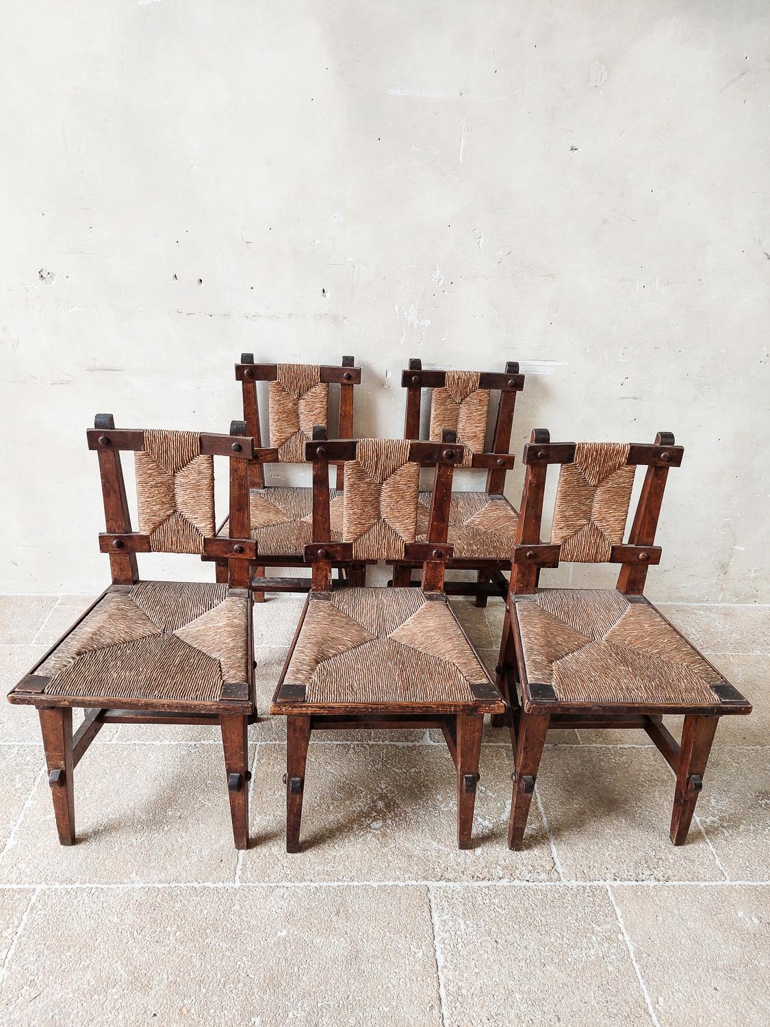 Set of five Mid-century Spanish Finca Dining room Chairs in Brutalist style 1