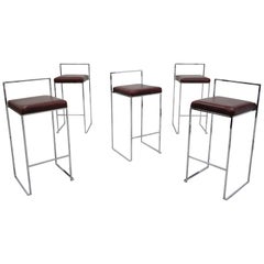 Set of Five Mid Century Thin Line Chrome and Leather Bar Stools by Milo Baughman