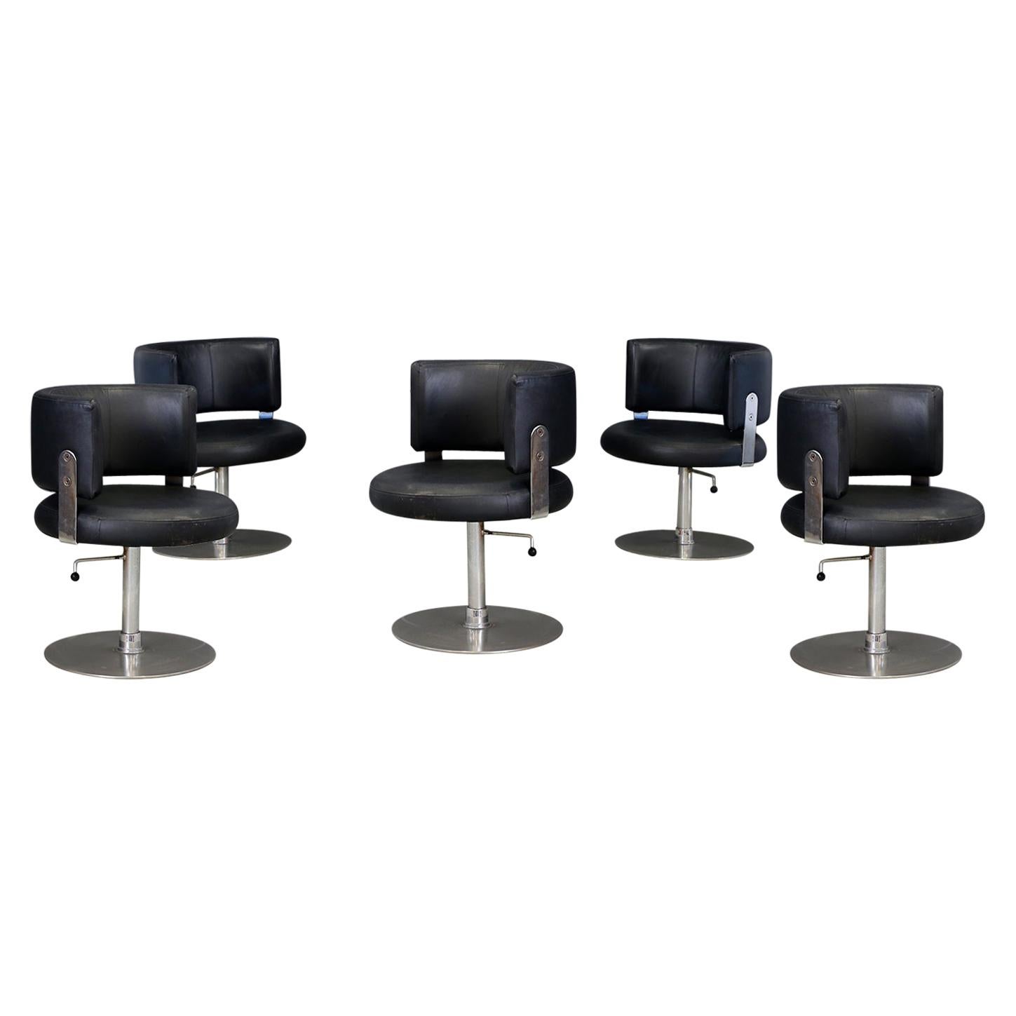 Set of Five Midcentury Chair by Formanova in in Leather Black and Steel, 1970s