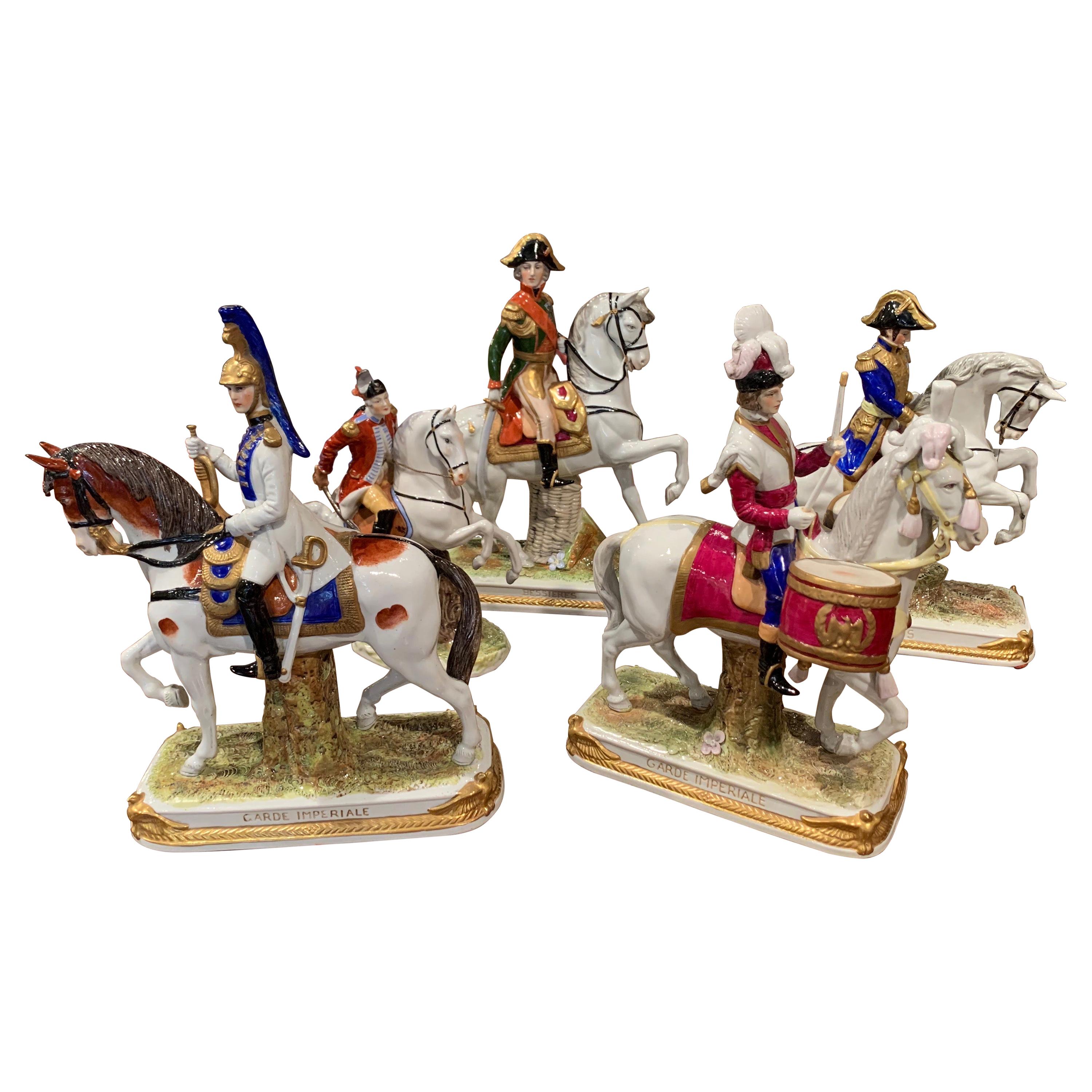 Set of Five Midcentury French Napoleonic Porcelain Riders on Horses Figures