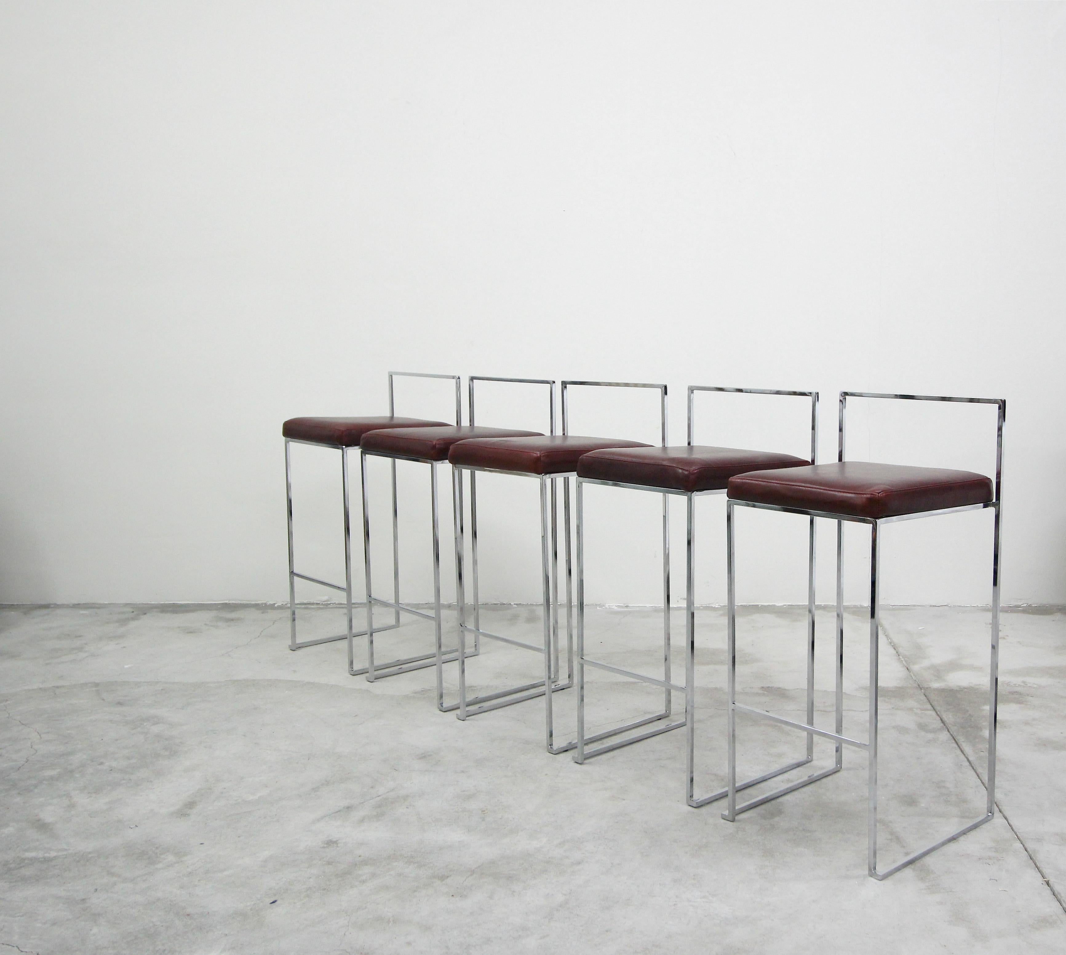 Mid-Century Modern Set of Five Midcentury Thin Line Chrome and Leather Bar Stools by Milo Baughman