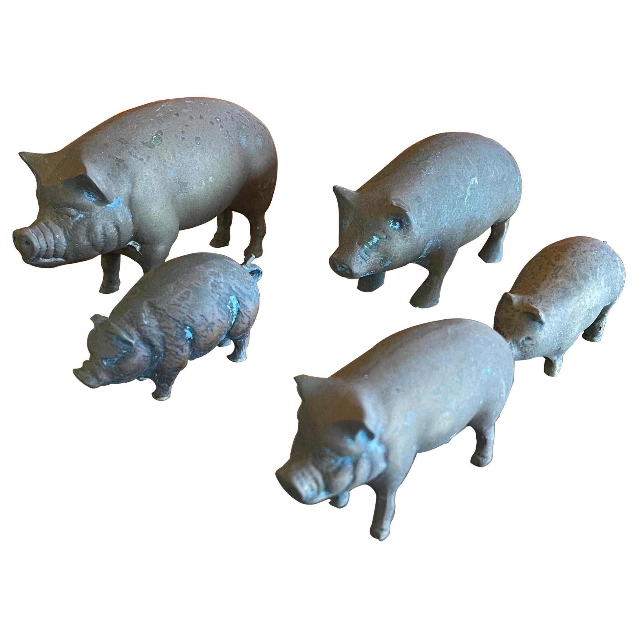 Set of Five Miniature Brass Pigs