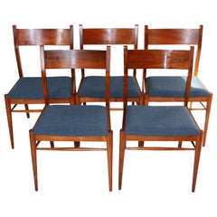 Set of Five Natural Wood Blue Chairs from 1970s