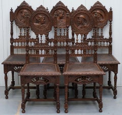 Set of Five Nice Original French Brittany Chairs 1870 Victorian Hand Carved Oak