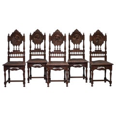 Antique Set of Five Nice Original French Brittany Chairs 1870 Victorian Hand Carved Oak
