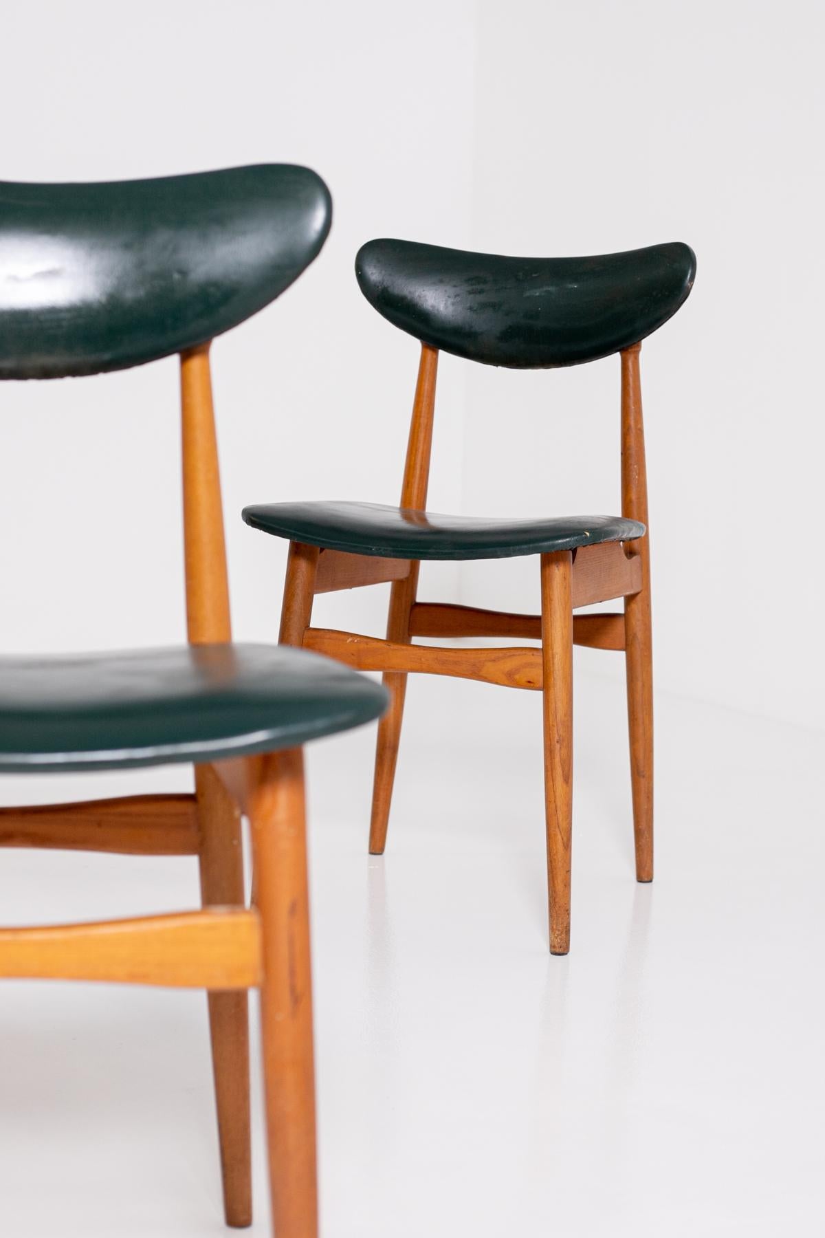 Set of Five Nordic Chairs in Green Leather and Wood, 1950s 4
