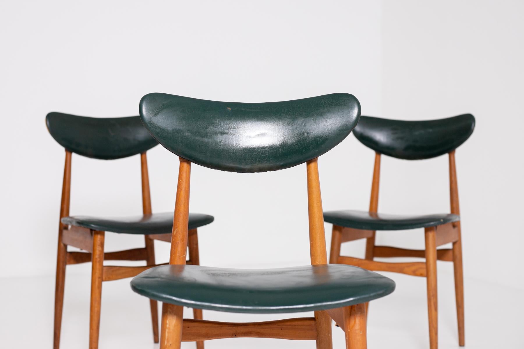Set of Five Nordic Chairs in Green Leather and Wood, 1950s 5