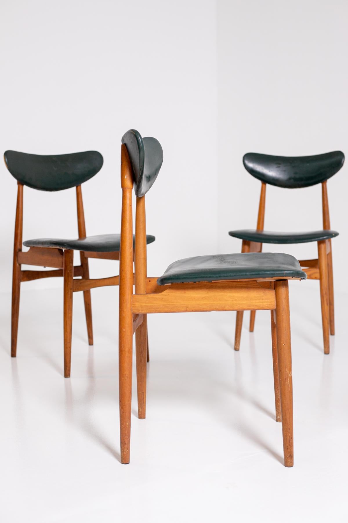 Set of Five Nordic Chairs in Green Leather and Wood, 1950s 8