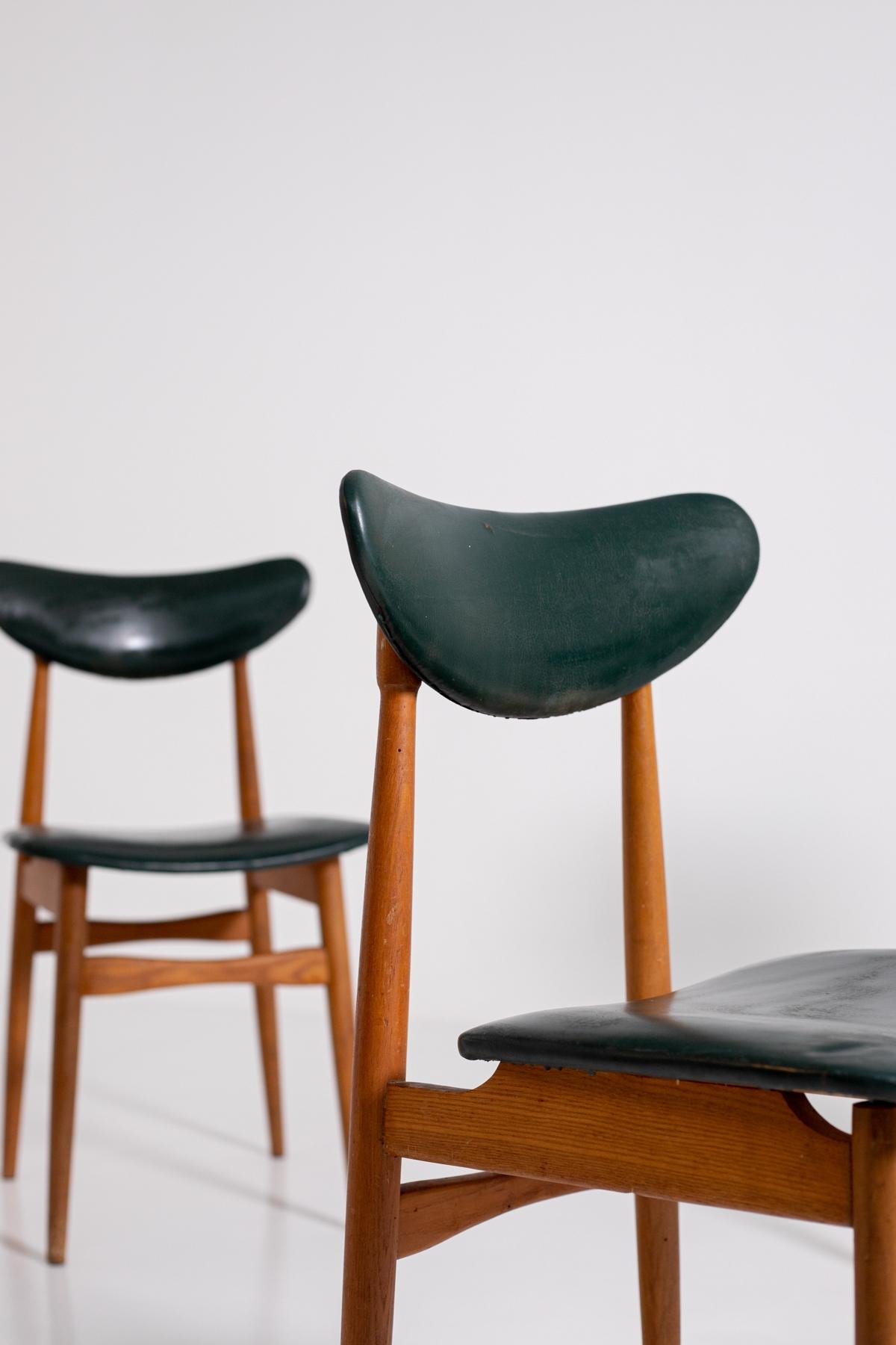Swedish Set of Five Nordic Chairs in Green Leather and Wood, 1950s