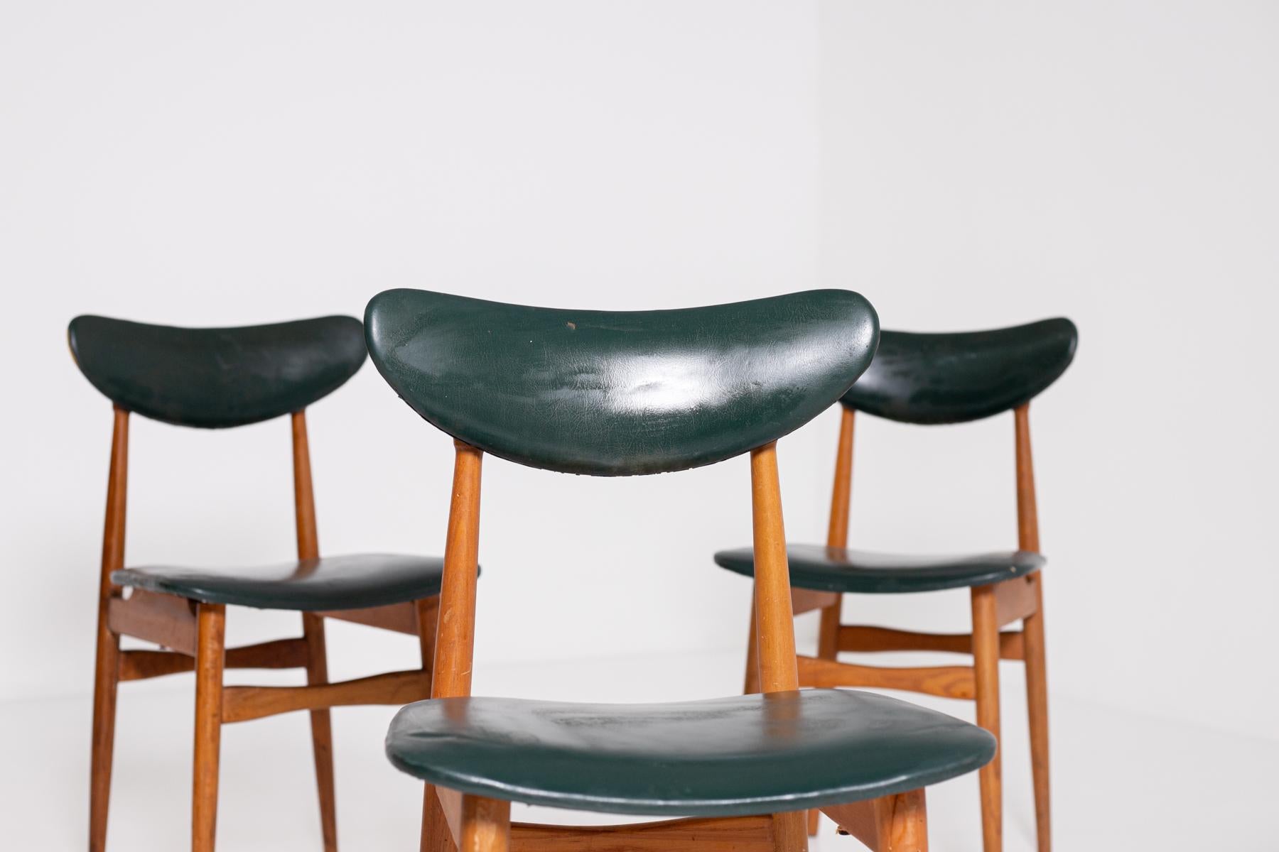 Set of Five Nordic Chairs in Green Leather and Wood, 1950s 2