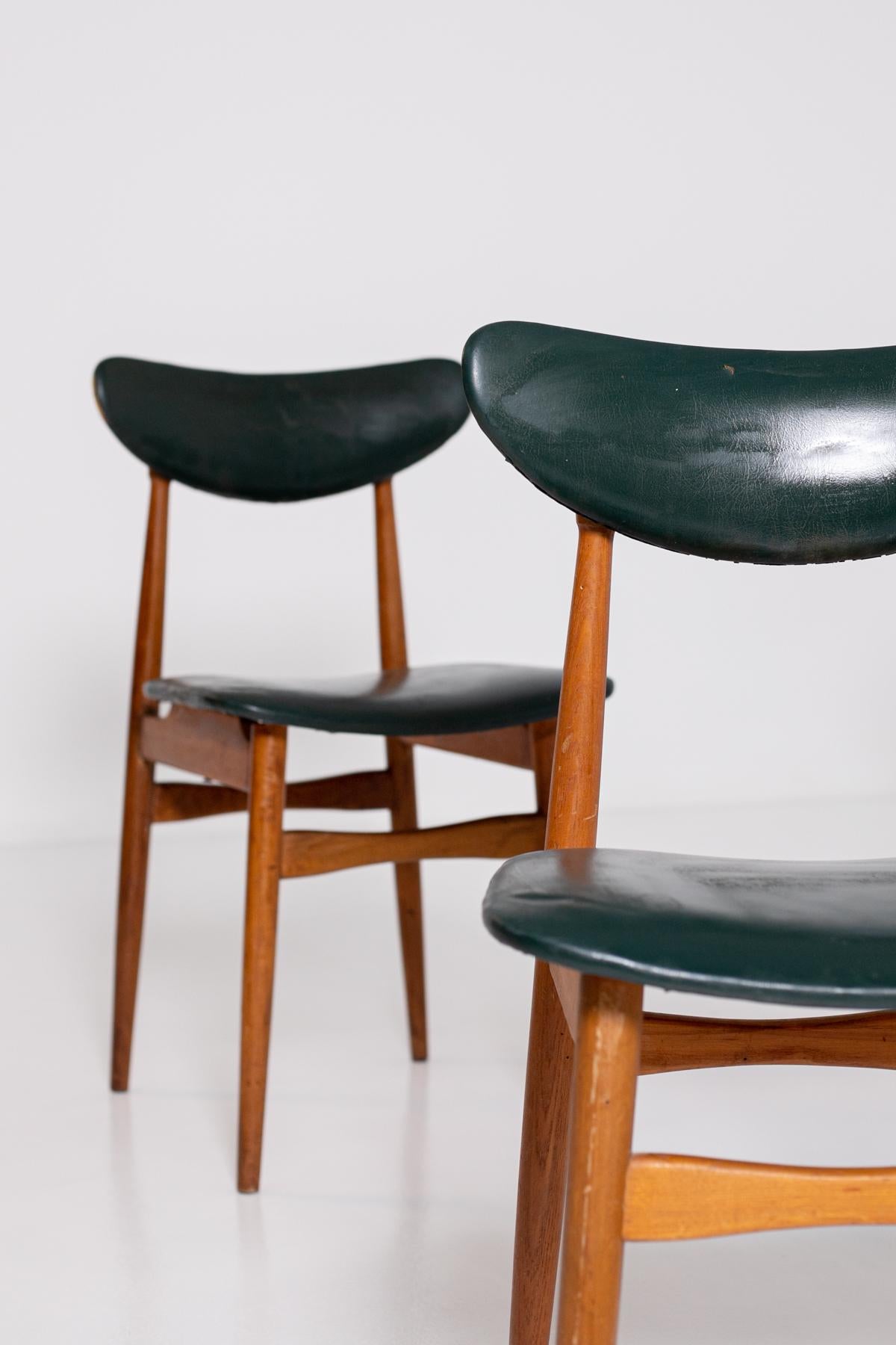 Set of Five Nordic Chairs in Green Leather and Wood, 1950s 3