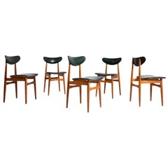 Set of Five Nordic Chairs in Green Leather and Wood, 1950s