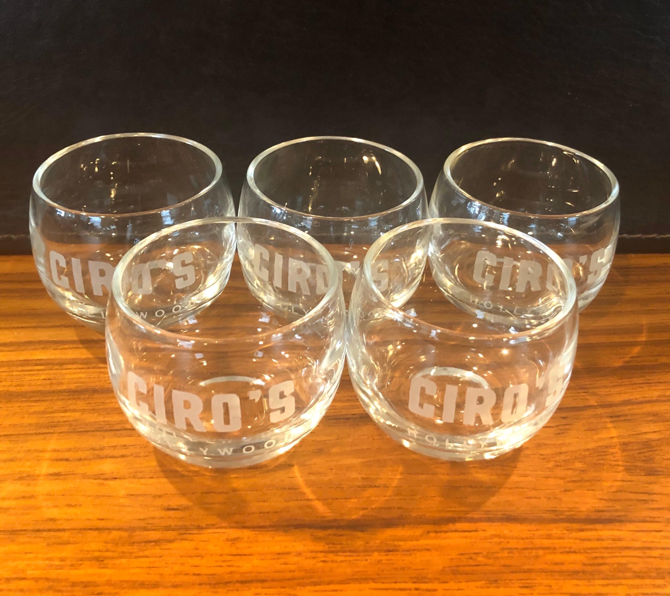 Great set of five old fashioned glasses (6oz) from Ciro's Hollywood, circa 1950s. These super rare cocktail glasses are round clear glass with 