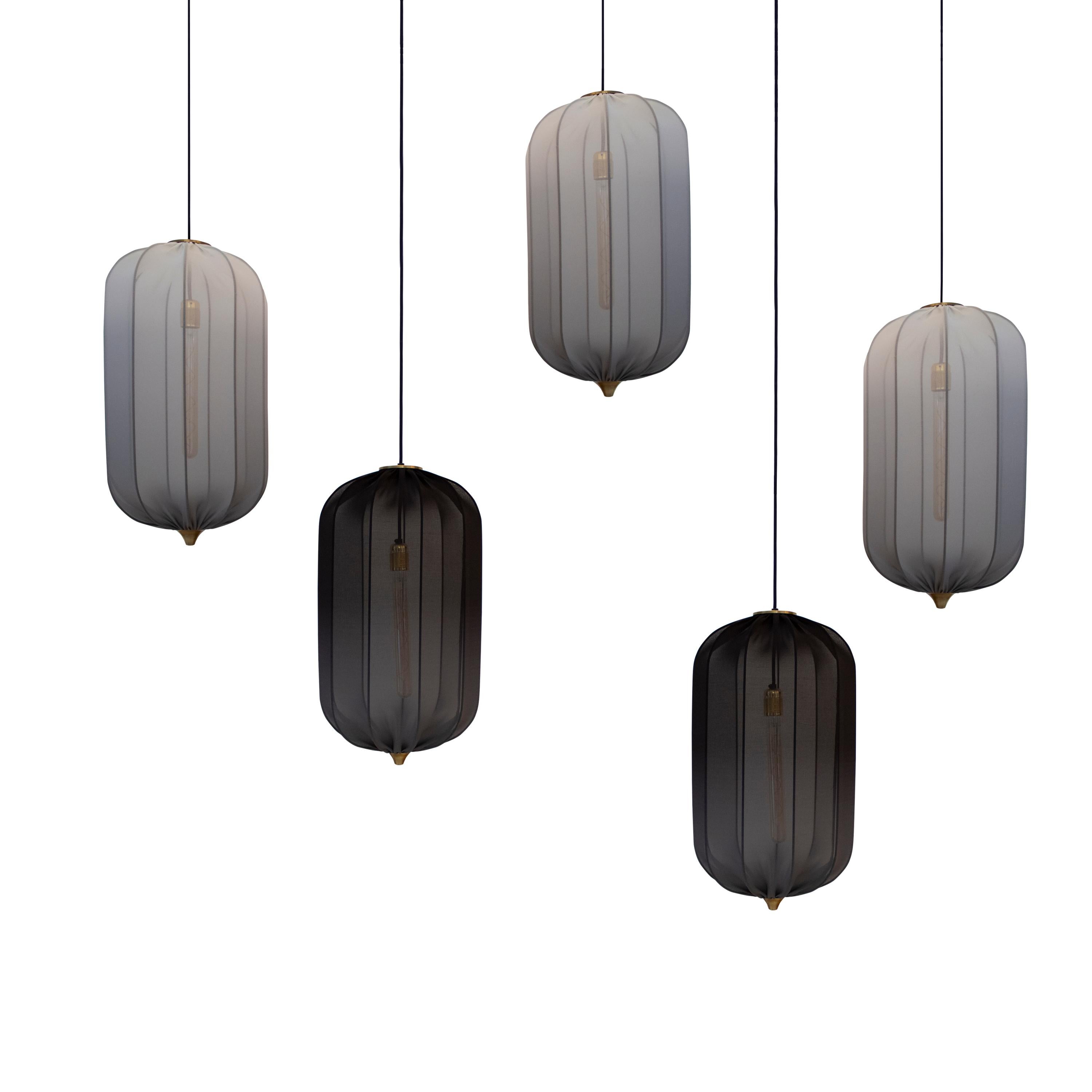 Set of five Tulip-shaped ceiling lamps designed by IKB191 in grey and black. The lamps consist of a brass structure upholstered in faded semi-transparent elastane adjustable fabric, with brass cone details and a charcoal light bulb.