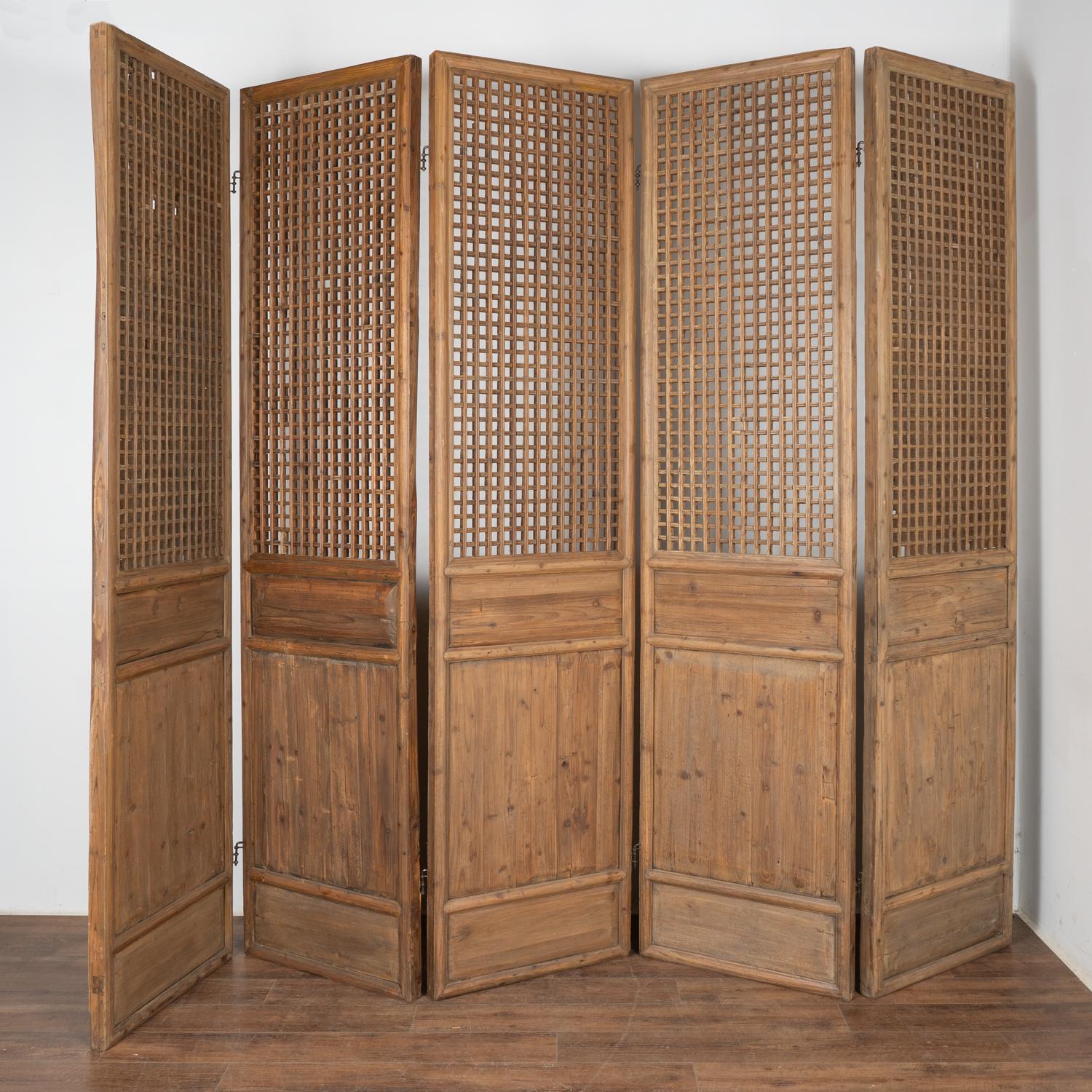 Set of Five Panel Folding Screen Room Divider, China circa 1860-80 In Good Condition In Round Top, TX