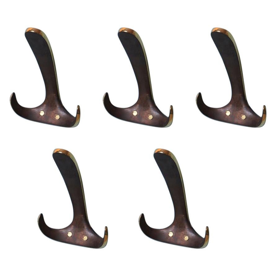 Set of Five Patinated #4982 Wall Hooks by Carl Auböck For Sale