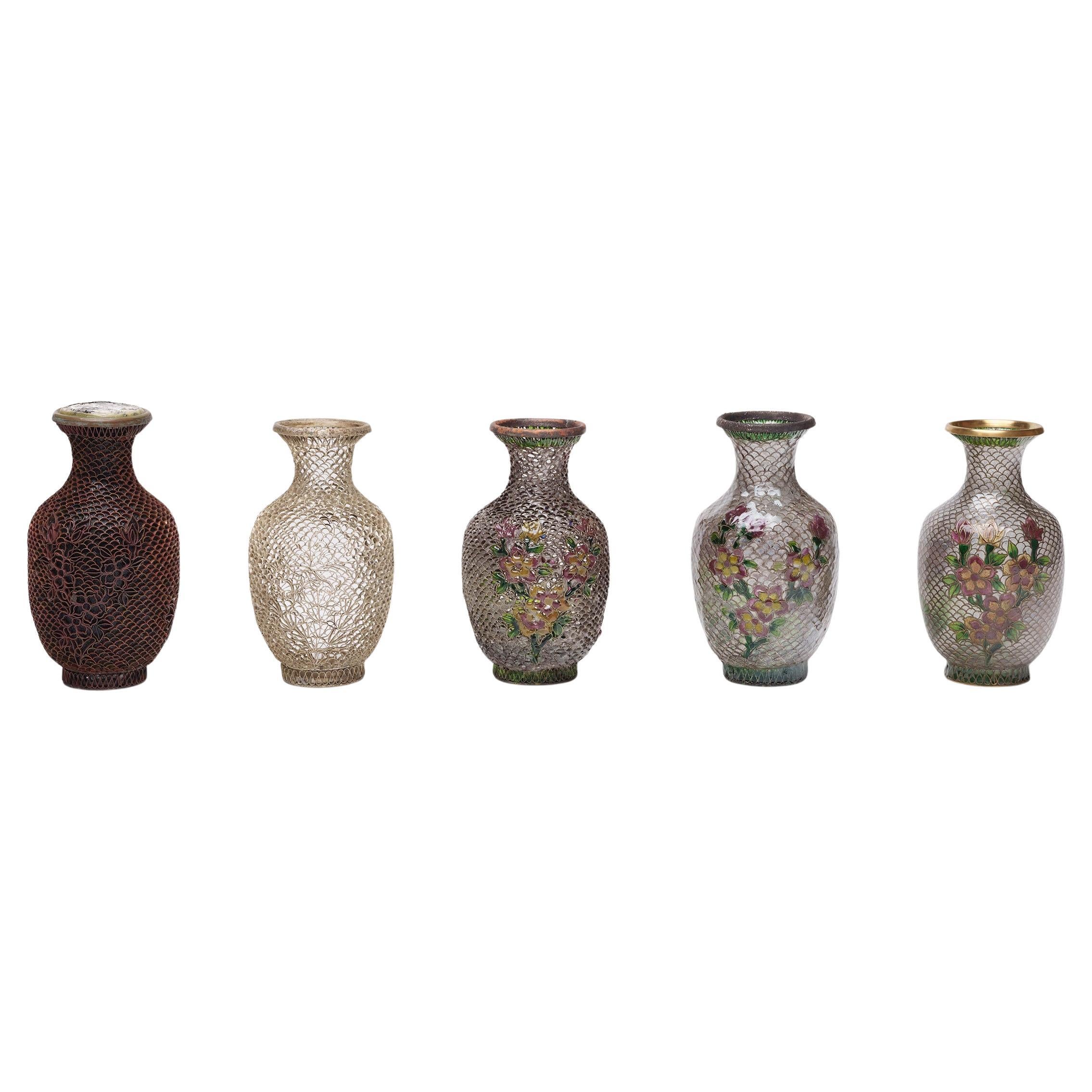 Set of Five Petite Chinese Cloisonné Process Vases
