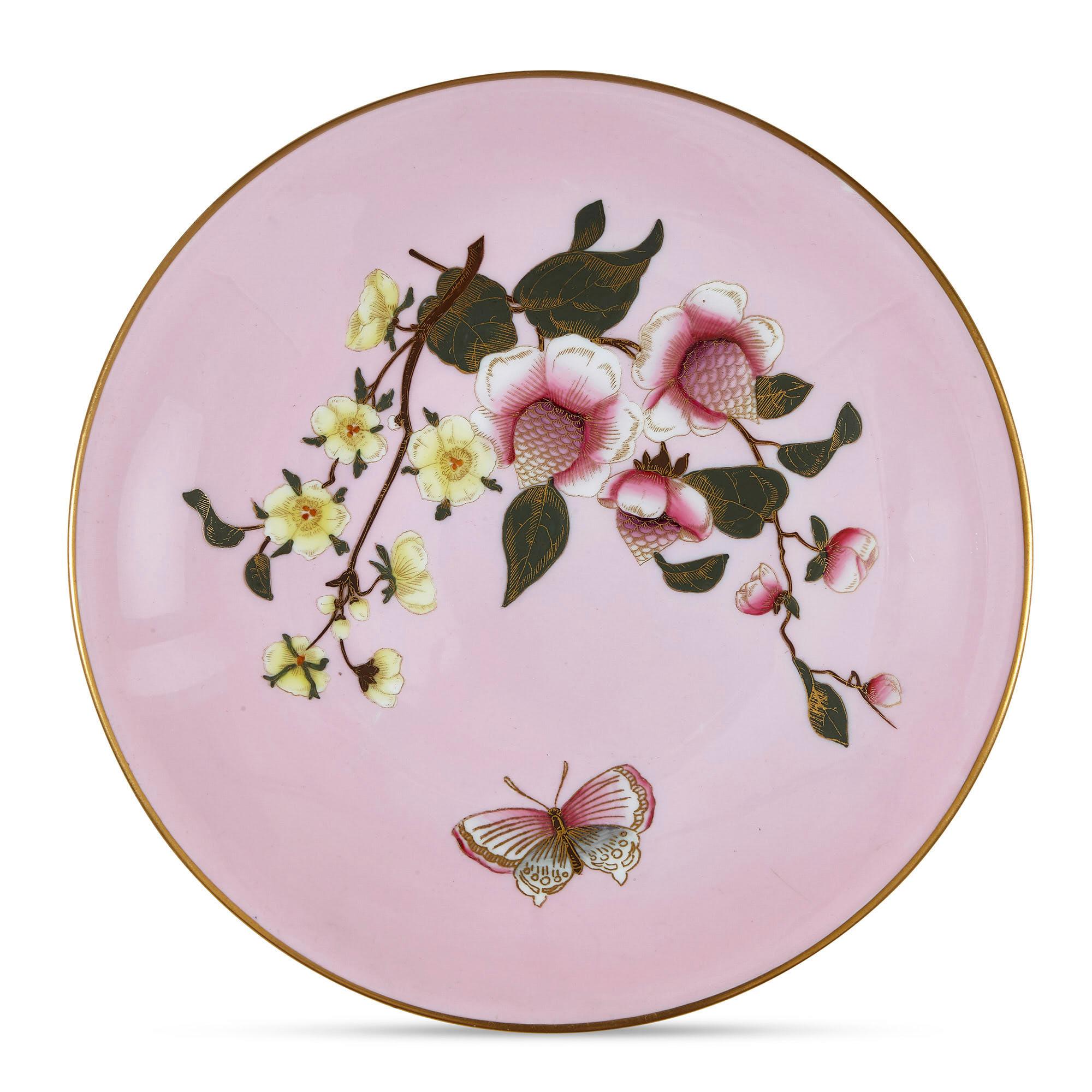 English Set of Five Pink Royal Worcester Plates with Japonisme Decoration