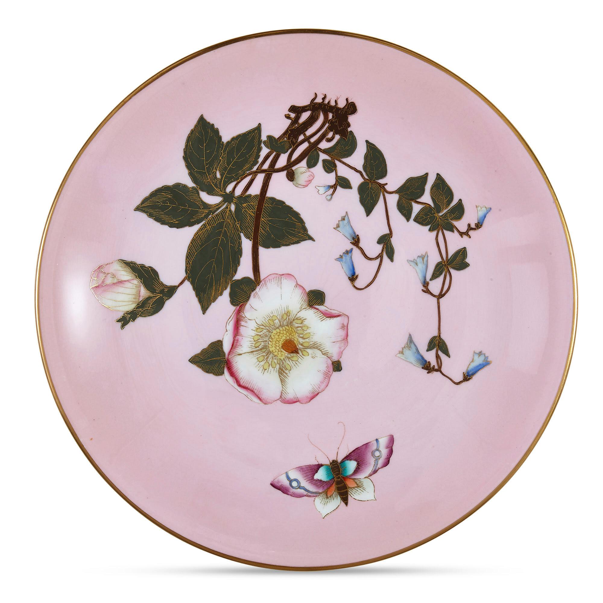 Porcelain Set of Five Pink Royal Worcester Plates with Japonisme Decoration