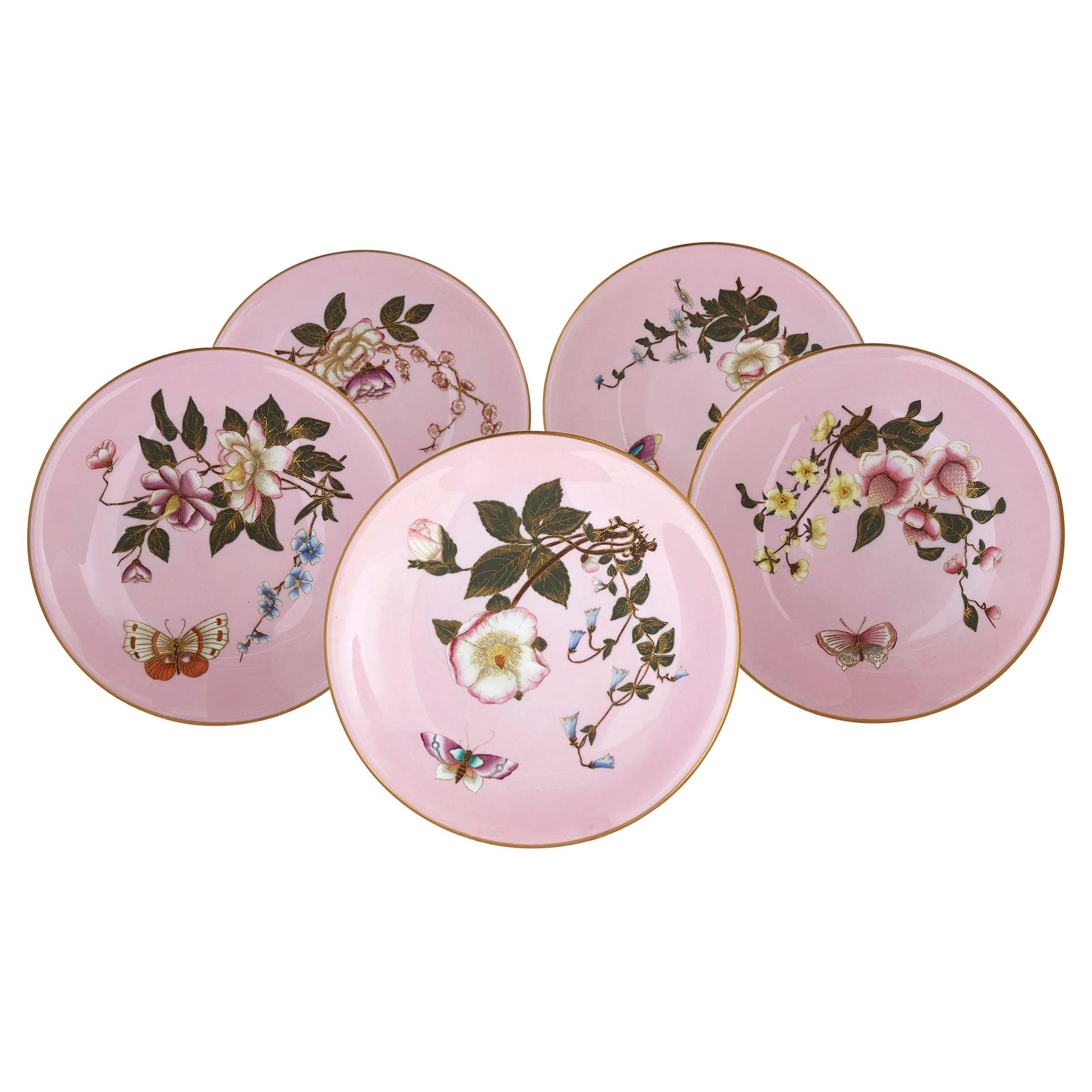 Set of Five Pink Royal Worcester Plates with Japonisme Decoration