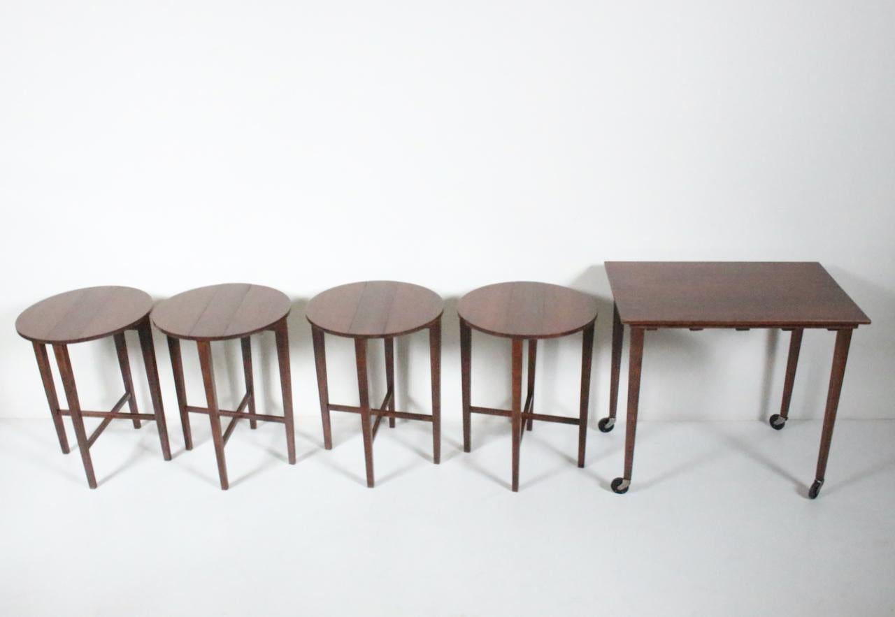 Mid-20th Century Set of Five Poul Hundevad Hanging Teak Nest Tables, 1960's For Sale
