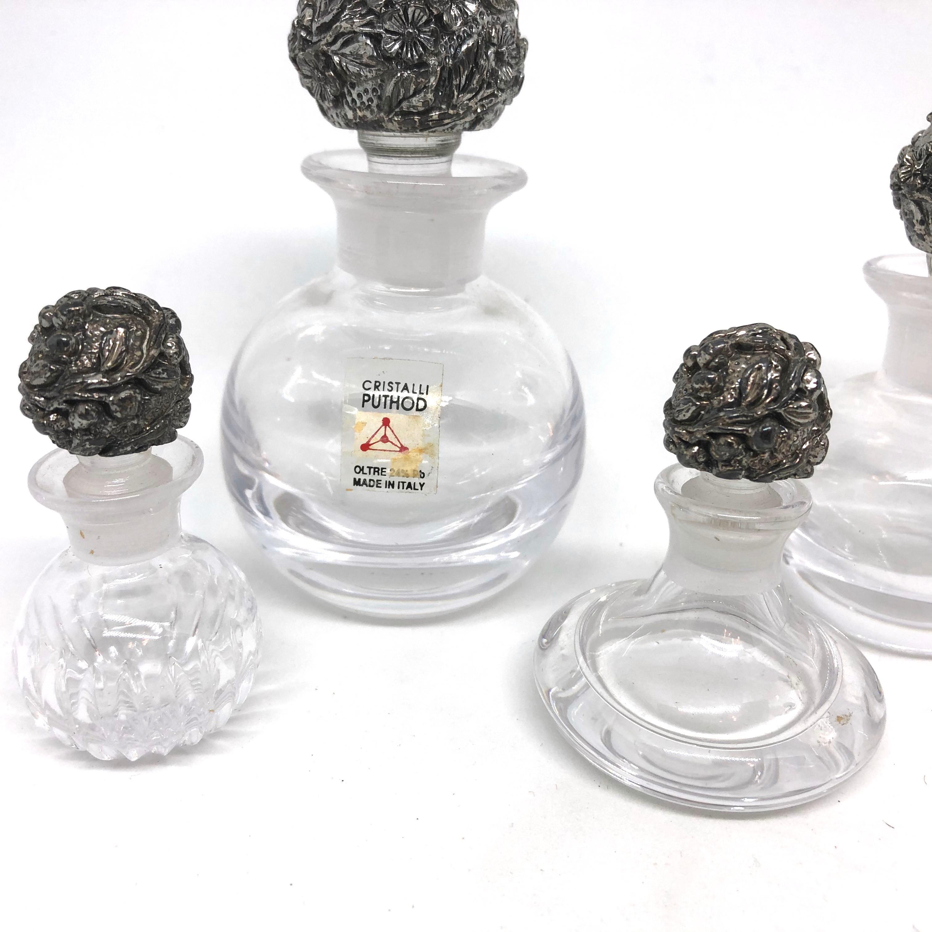 Italian Set of Five Puthod Cristalli Lead Crystal Perfume Bottles Silver Plated Stopper For Sale