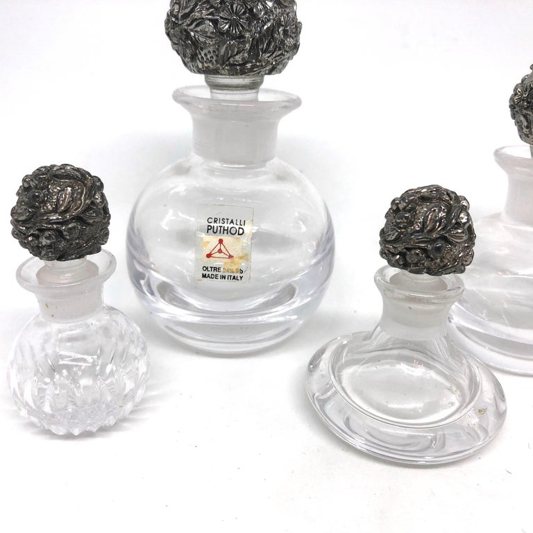 Set of Five Puthod Cristalli Lead Crystal Perfume Bottles Silver Plated Stopper For Sale 1