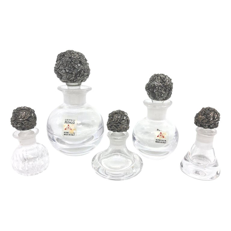 Set of Five Puthod Cristalli Lead Crystal Perfume Bottles Silver Plated Stopper For Sale