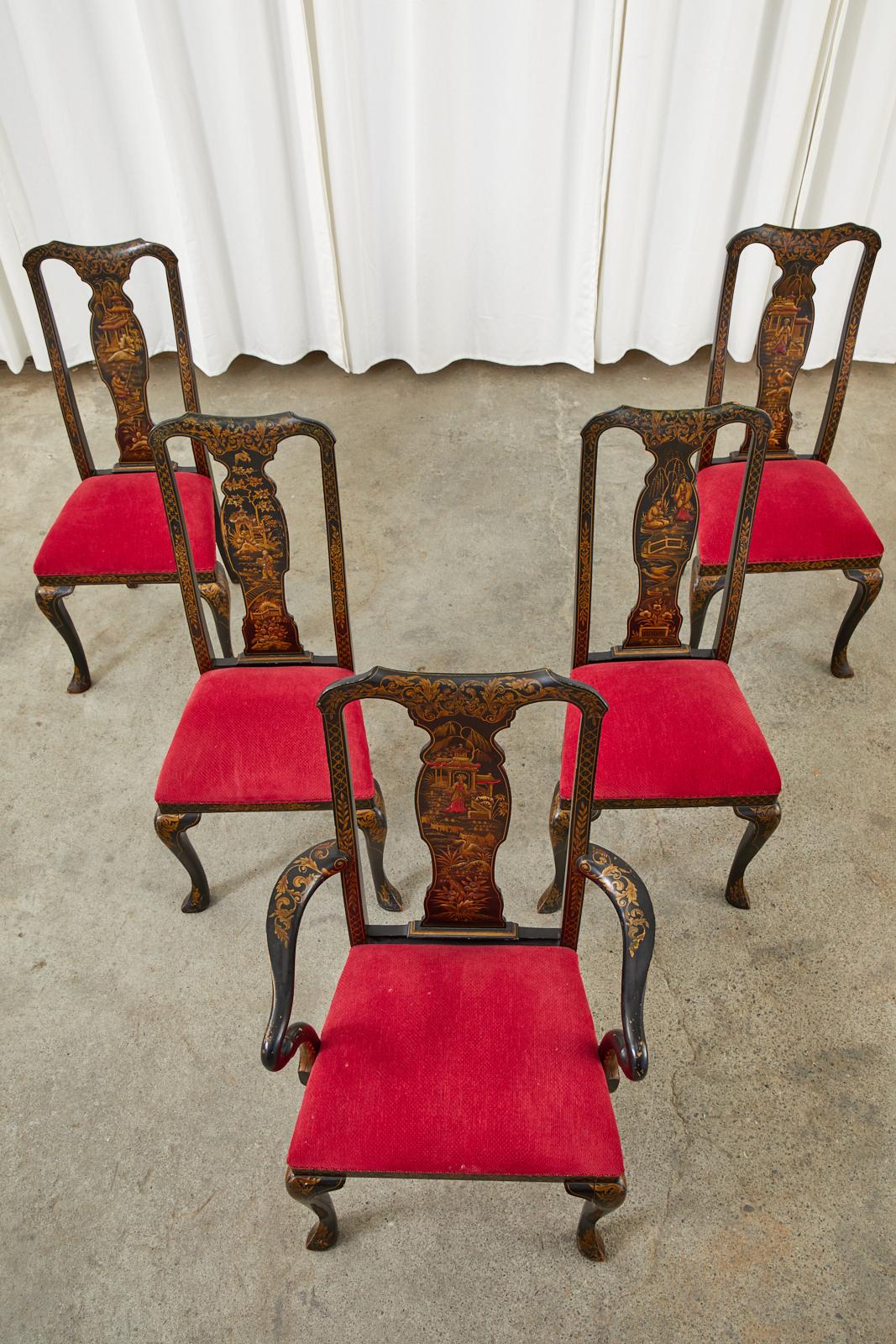 Hand-Crafted Set of Five Queen Anne Style Chinoiserie Lacquered Dining Chairs