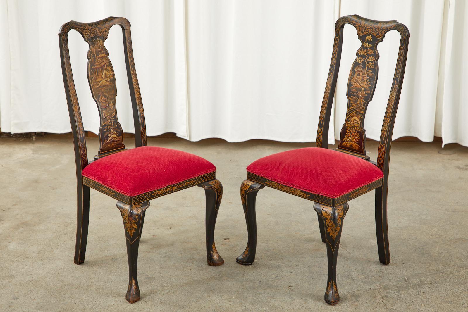 Set of Five Queen Anne Style Chinoiserie Lacquered Dining Chairs In Good Condition In Rio Vista, CA