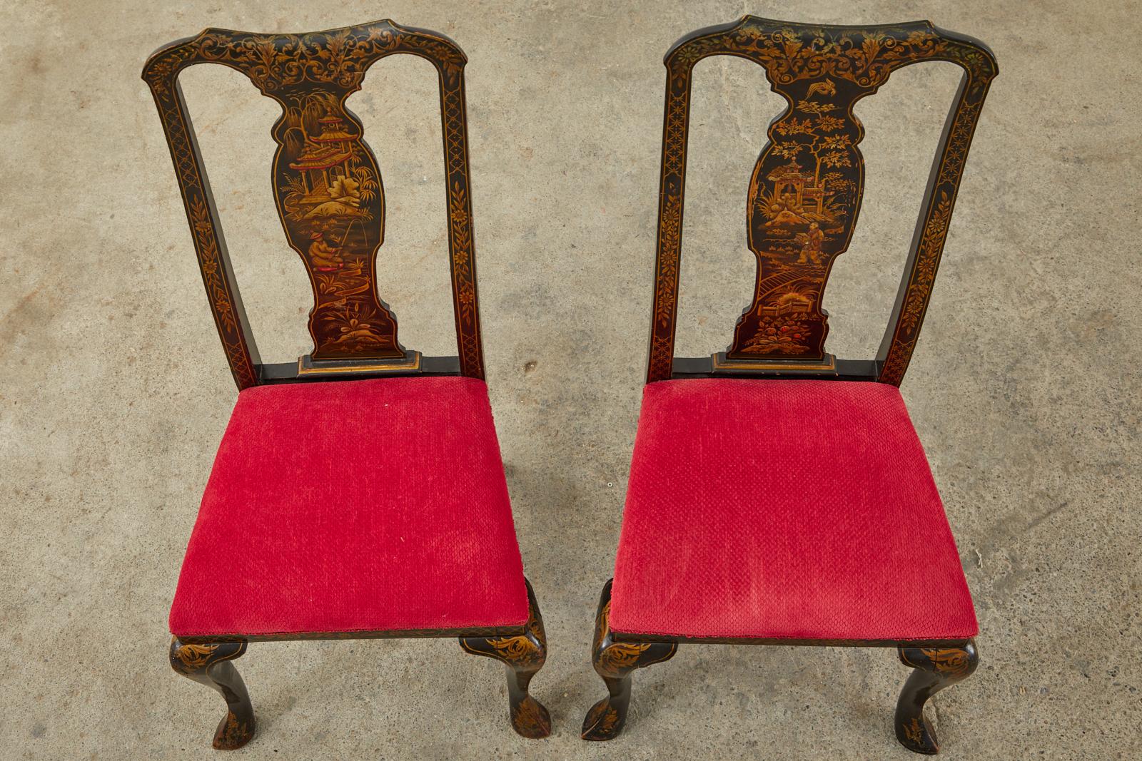 20th Century Set of Five Queen Anne Style Chinoiserie Lacquered Dining Chairs