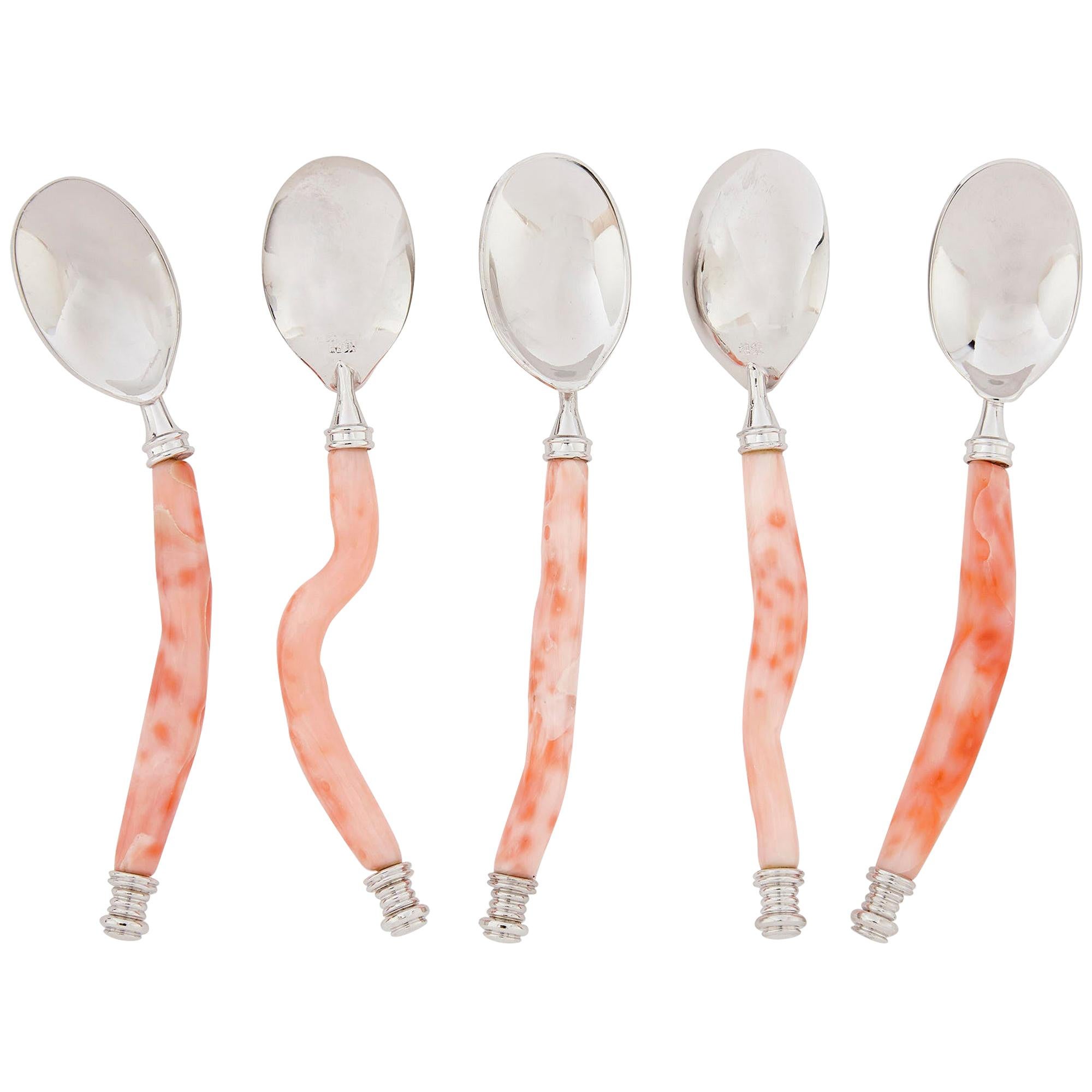 Set of Five Red Coral and Silver Spoons