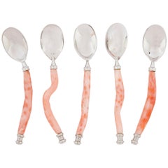 Set of Five Red Coral and Silver Spoons