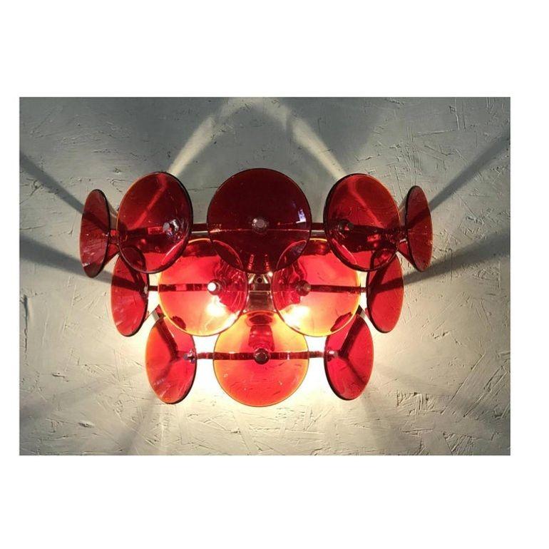 Italian Set of Five Red Murano Glass Sconces Designed by Vistosi, Italy, 1980's. For Sale
