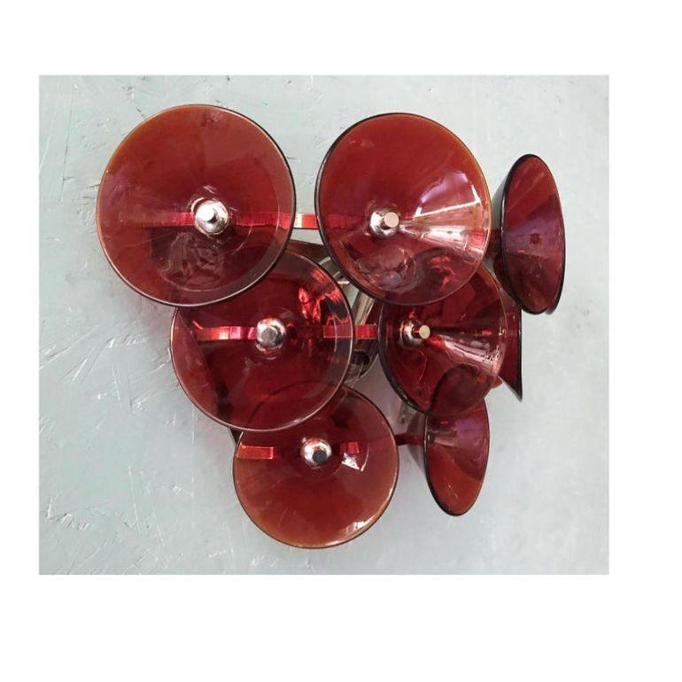 Late 20th Century Set of Five Red Murano Glass Sconces Designed by Vistosi, Italy, 1980's. For Sale