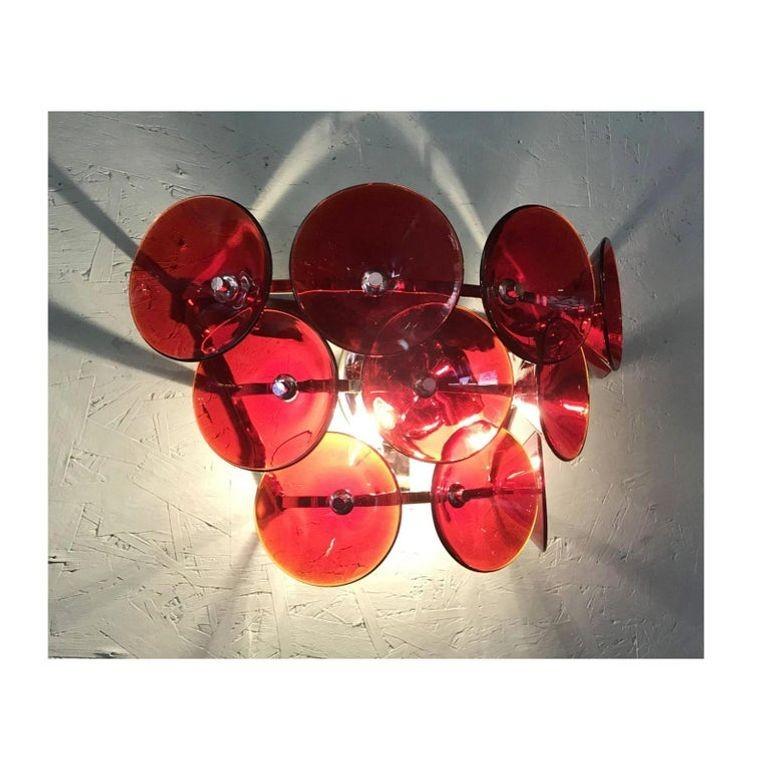 Metal Set of Five Red Murano Glass Sconces Designed by Vistosi, Italy, 1980's. For Sale