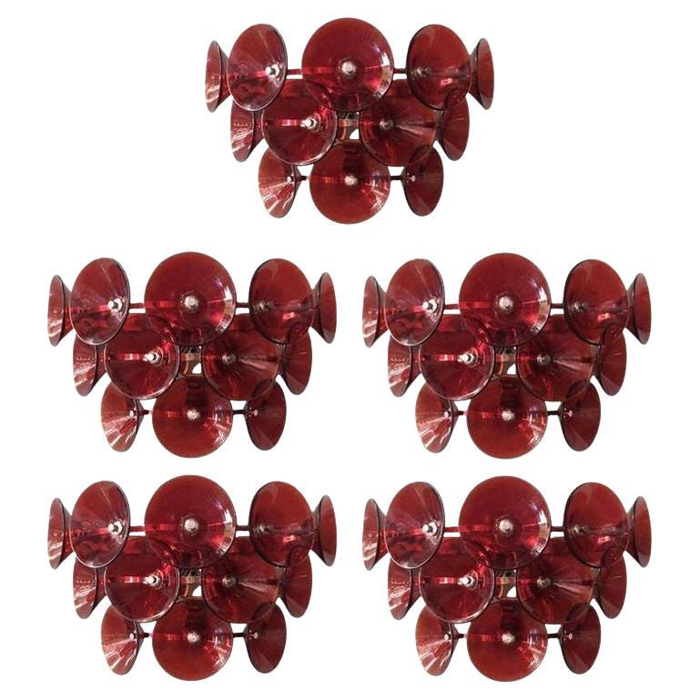 Set of Five Red Murano Glass Sconces Designed by Vistosi, Italy, 1980's. For Sale