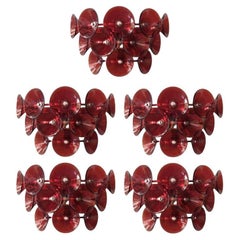 Set of Five Red Murano Glass Sconces Designed by Vistosi, Italy, 1980's.