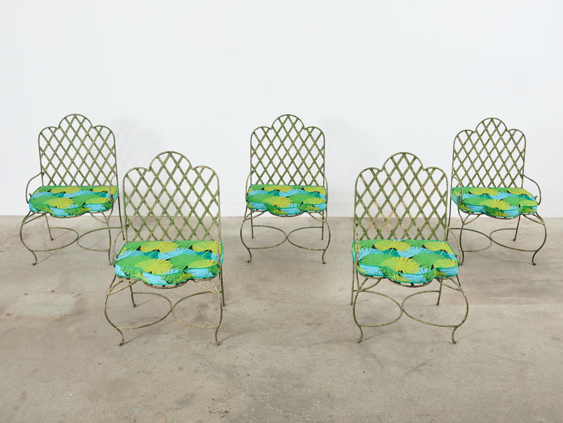 American Set of Five Rose Tarlow Style Iron Lattice Garden Chairs  For Sale