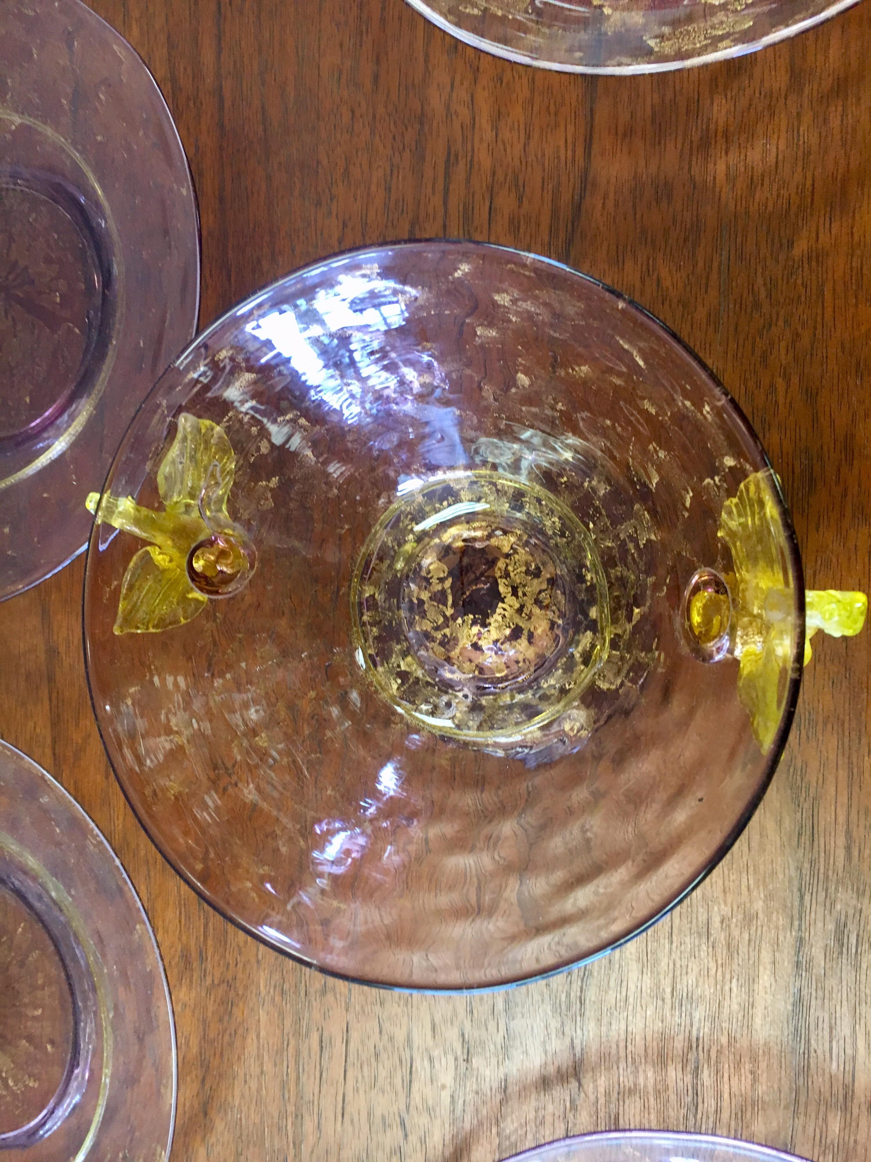Set of Five Salviati Hand Blown Italian Murano Glass Bowl and Saucers, 1920s 6