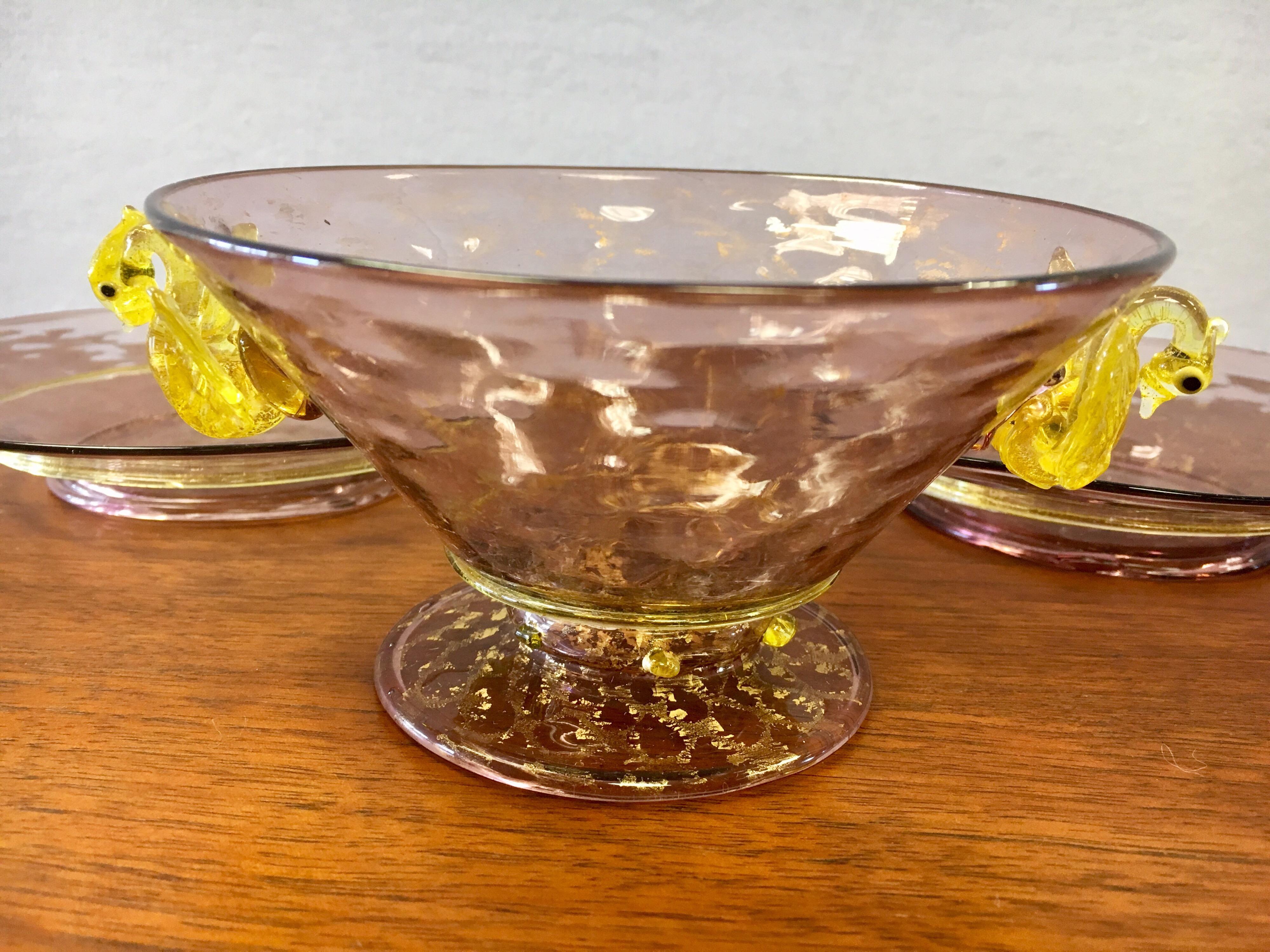 Set of Five Salviati Hand Blown Italian Murano Glass Bowl and Saucers, 1920s In Excellent Condition In West Hartford, CT