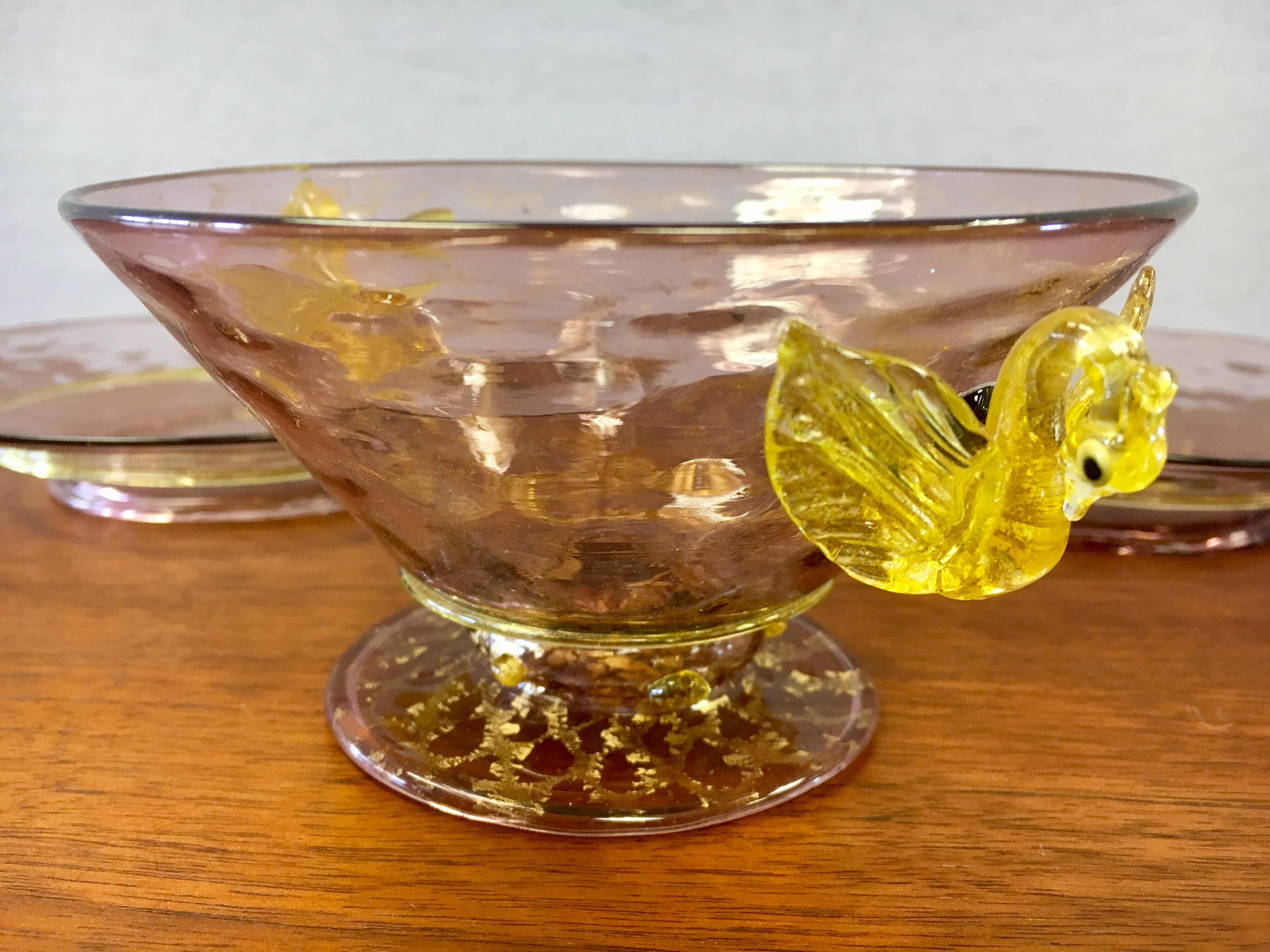 Early 20th Century Set of Five Salviati Hand Blown Italian Murano Glass Bowl and Saucers, 1920s