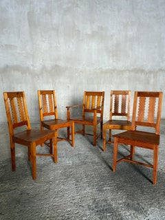Set of five sculptural dining chairs, solid pine, style of Axel Einar Hjorth