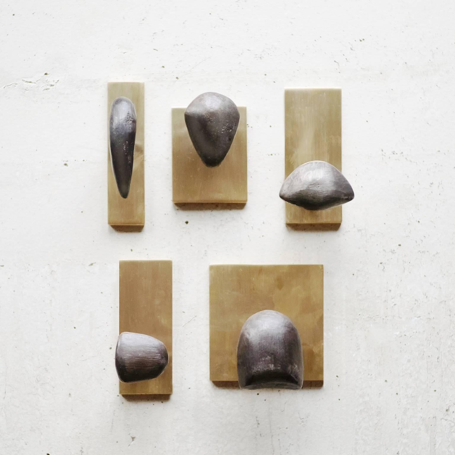 With blackened, cast brass forms soldered to a brass post and plate, the sculptural Tallomet coat hooks are a study in form and contrast. Finished by hand in Portland, Oregon, the hooks feature hidden mounting hardware and are intended to be