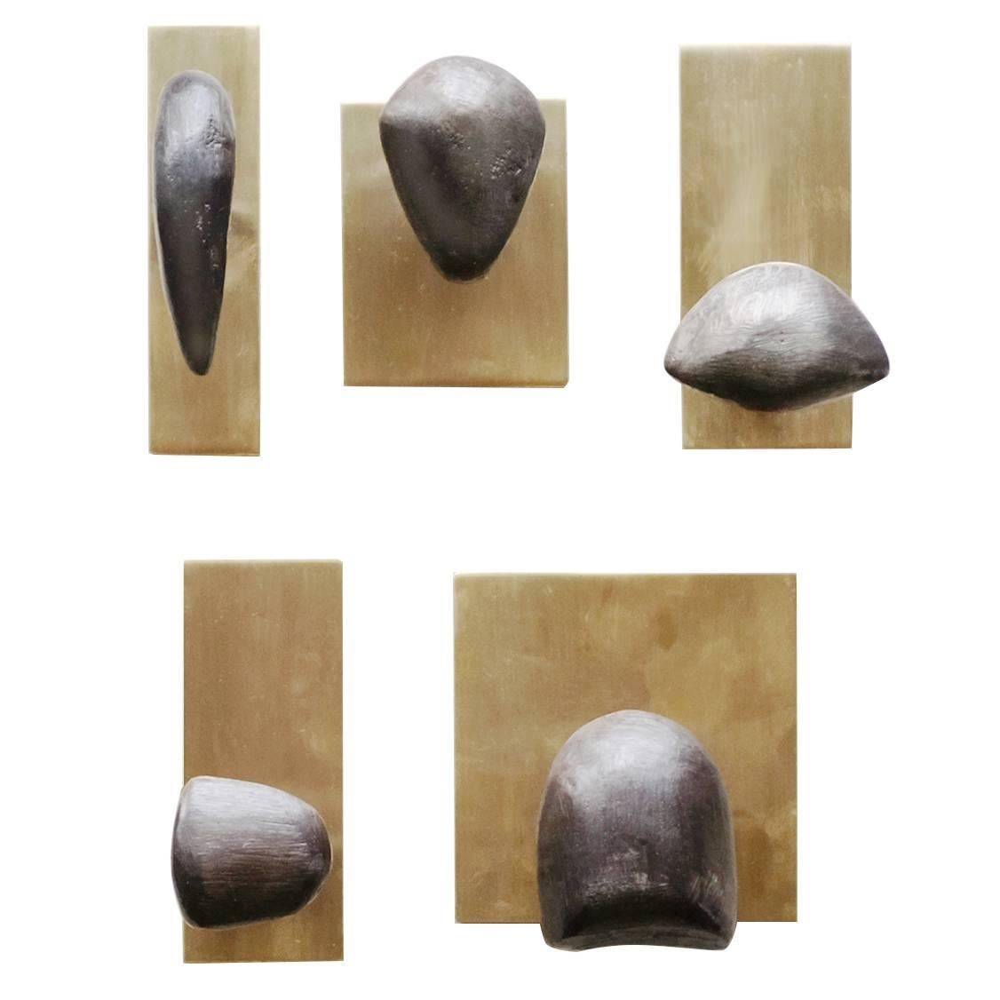 Set of Five Sculptural Tallomet Coat Hooks in Solid Brass For Sale