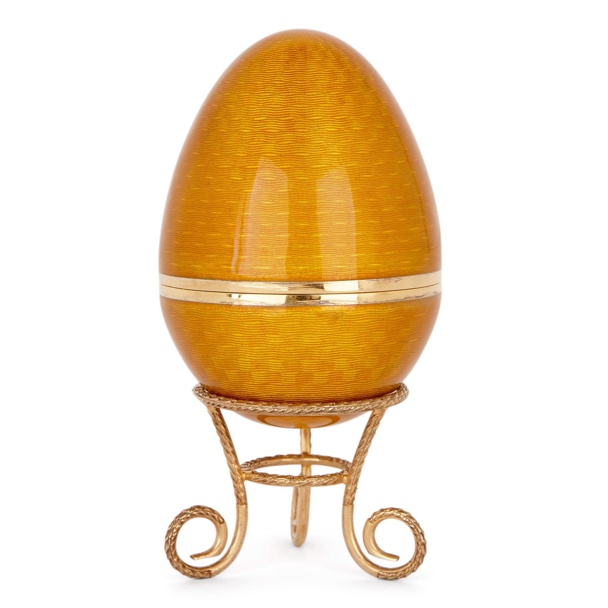 Crafted from a combination of the finest materials, silver (mostly gilded) and guilloche enamel, these eggs are highly precious and collectable items.

The collection includes two large eggs (one emerald green and one orange), two medium-sized