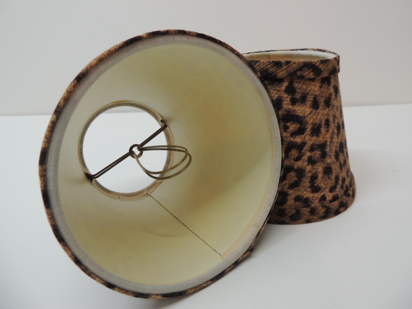 American Set of Five Small Candelabras Leopards Cotton Fabric Woven Lamp Shades