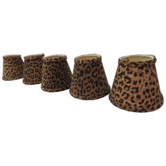 Set of Five Small Candelabras Leopards Cotton Fabric Woven Lamp Shades