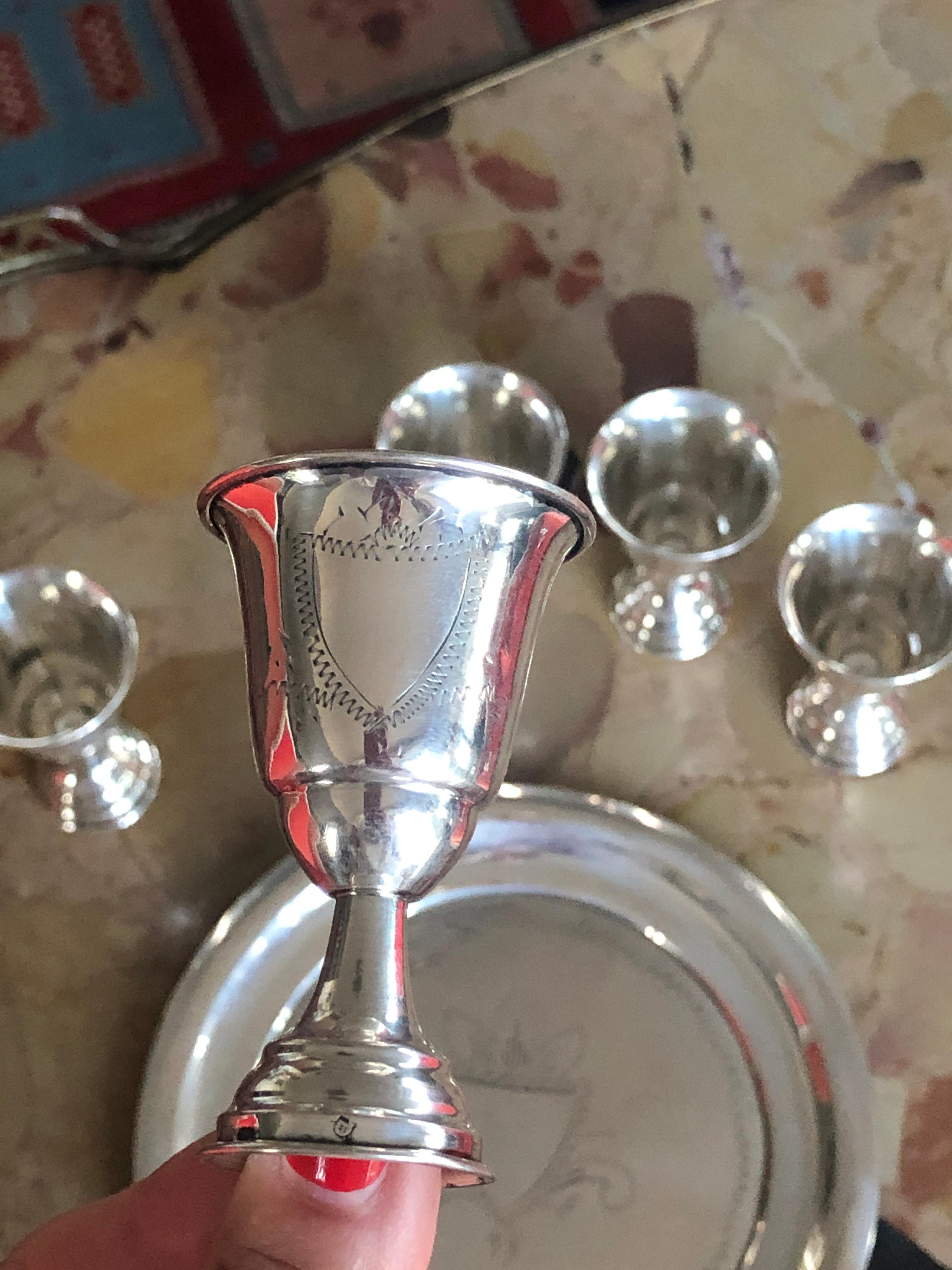 French Set of Five Small Silver Cups and a Silver Serving Tray For Sale