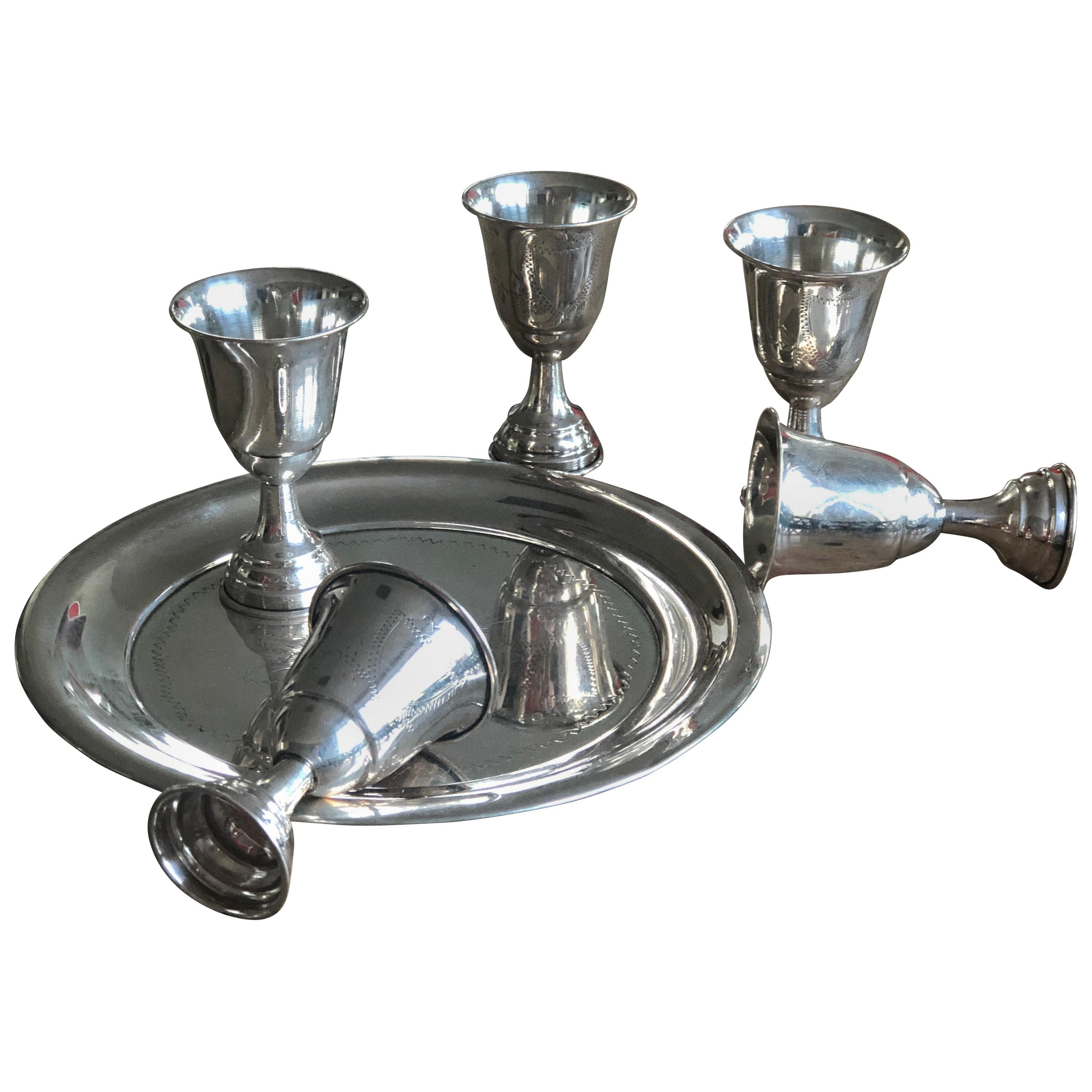 Set of Five Small Silver Cups and a Silver Serving Tray For Sale